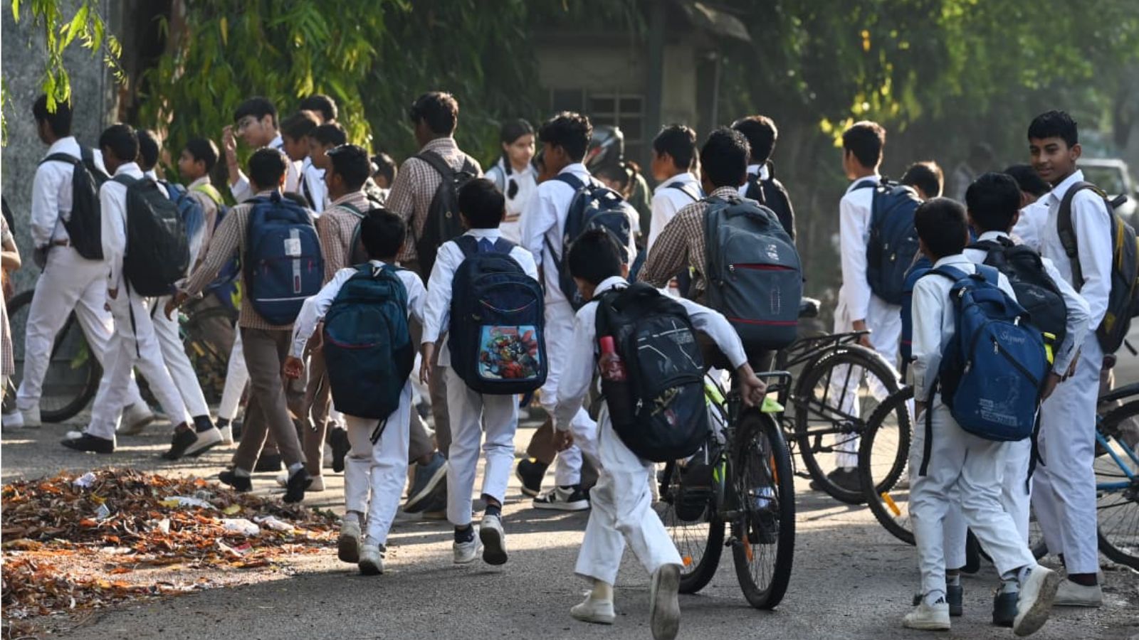 Image shows A group of uniformed Indian school children with backpacks walk and cycle along a tree-lined path.