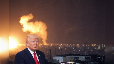 Donald Trump in foreground with large explosion over city skyline at night
