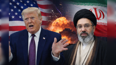 Donald Trump and Mojtaba Khamenei shown against US and Iran flags with explosion in background.