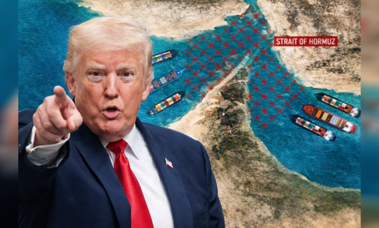 Donald Trump points as ships navigate the Strait of Hormuz amid tensions.