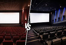 A film theatre with red seats and a large screen on the left, and a modern cinema with black seats and bl.