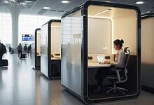 Modern airport check-in kiosks with passengers in a spacious terminal.