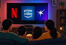 Enjoying a movie night with family watching Netflix, Prime Video, and Star on a large screen in a cozy li.