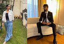 A woman in casual attire walking in a garden, and a man in a suit sitting on a sofa indoors.