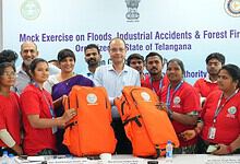 Emergency preparedness training session on floods, industrial accidents, and forest fires in Telangana wi.