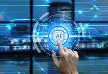 Person touching a digital AI interface with a futuristic background.