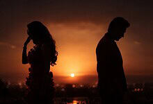 Silhouetted couple standing apart during sunset, reflecting emotional distance.