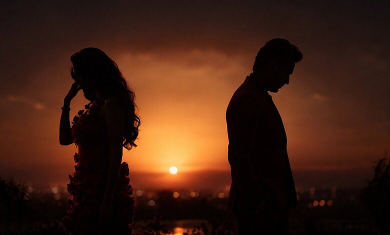 Silhouetted couple standing apart during sunset, reflecting emotional distance.