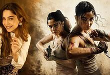 A young woman smiling confidently, alongside two fierce women in combat-ready poses with guns, set agains.