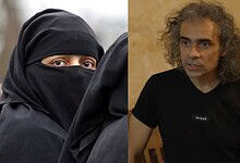 Close-up of a woman in a black burqa with only her eyes visible.