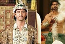 Two actors in elaborate costumes and a scene with a man covered in dust and debris from a film set.