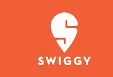 Swiggy logo on orange background, representing food delivery service in India.