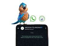 Animated blue and brown bird mascot with WhatsApp and Telangana logos above a smartphone.