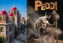 Ancient Indian temple with red domes and intricate architecture, alongside a traditional Peddar performer.
