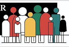 Illustration of diverse people with different sizes and colours, with 'SIR' text in the top left corner.
