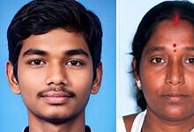 Portrait of a young man and a woman with traditional Indian features against a blue background.