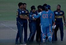 Cricket players from Sri Lanka and India in a heated discussion on the field.