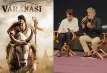 SS Rajamouli and Mahesh Babu at a promotional event in Varanasi for the film Varanasi.
