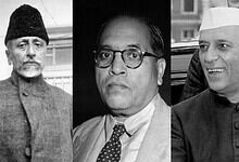 Black and white photo of Nehru, Azad, and Ambedkar, key figures in Indian history.