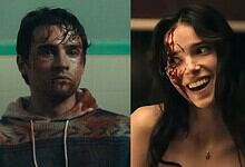 Split image of a distressed man and a smiling woman with blood on her face.