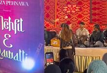 Group of performers and audience at Mehfil and Qawwali event, colourful stage backdrop, traditional music.