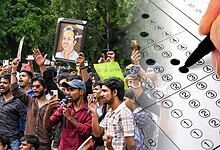 Protesters rally against exam pressure and paper leaks in India.