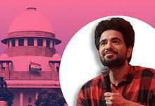 Supreme Court building with a portrait of Samay Raina in the foreground.