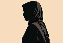 Silhouette of a woman wearing a headscarf against a beige background.