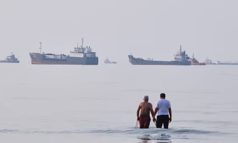 Two men walking hand in hand in the sea with ships in the background.