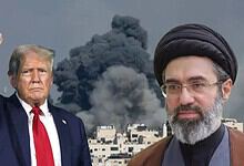Donald Trump and Iranian official with smoke and destruction in background.