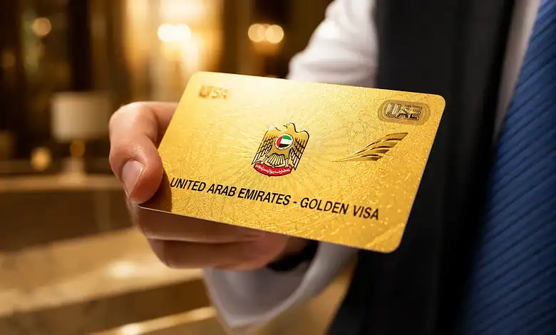 Hand holding a UAE Golden Visa card representing the country's long-term residency programme.