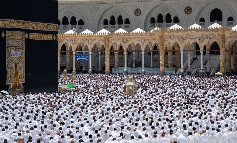 Large crowd of pilgrims performing prayer at Masjid al-Haram in Mecca, Saudi Arabia.