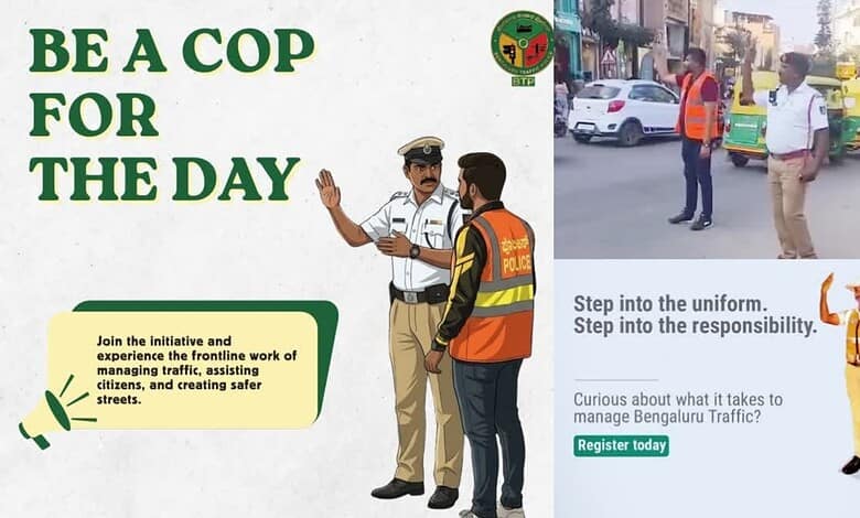 Bengaluru traffic police officer instructs a citizen on traffic duty on the street.