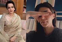 Kangana Ranaut in traditional attire and Kriti Sanon covering her face with her hand.