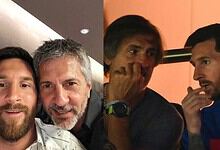 Lionel Messi's father Jorge Messi with his son in a casual setting.