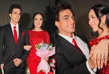 TV actor Mohsin Khan and his bride during engagement celebration, smiling and holding hands.