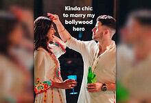 A man and woman at a celebration, with the man touching the woman's face, captioned 'Kinda chic to marry.