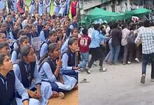 Students protesting peacefully and police clashing during a demonstration in Telangana.