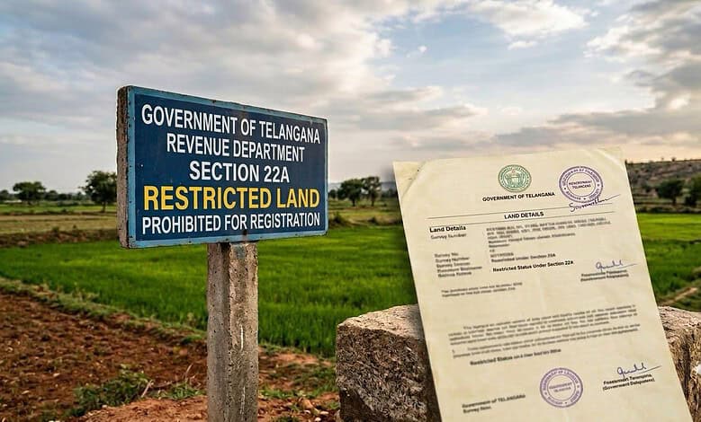 Signboard indicating restricted land under Telangana's Section 22A with land document nearby.