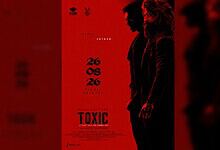 Dark movie poster for Toxic featuring two male characters in silhouette with red background.