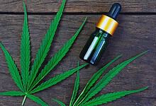 Cannabis leaves next to a dropper bottle of hemp oil on a wooden surface.