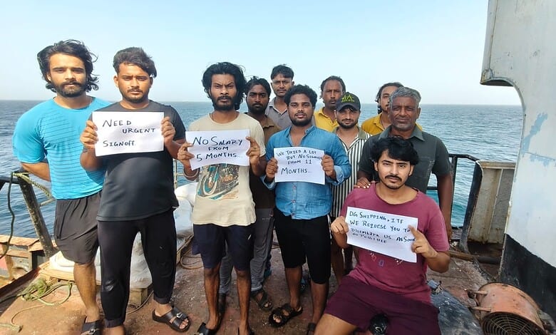 Group of Indian sailors protesting for overdue salaries at Abu Dhabi port.