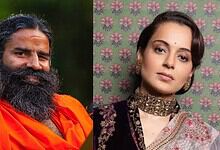 Kangana Ranaut and Baba Ramdev together, smiling, at a cultural event or gathering.