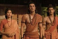 Actors in traditional costumes from the film Ramayana, set in a historical or mythological scene.