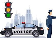 Traffic police officer signaling "stop" with hand, standing beside a police car with a traffic light and city skyline in the background.