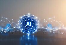 Digital AI concept with interconnected nodes and glowing AI sphere in blue tones.