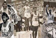 Indian athletes at a track and field event, with one on the podium and others preparing for the race.