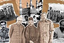 Historical black and white photos with leaders and a mosque, representing cultural heritage.