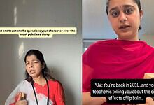 Indian woman teacher questioning student about lip balm effects in classroom.