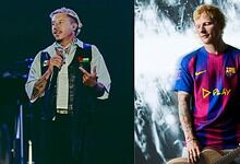 Rapper Macklemore performing on stage with a microphone, wearing a denim vest and patterned shirt.